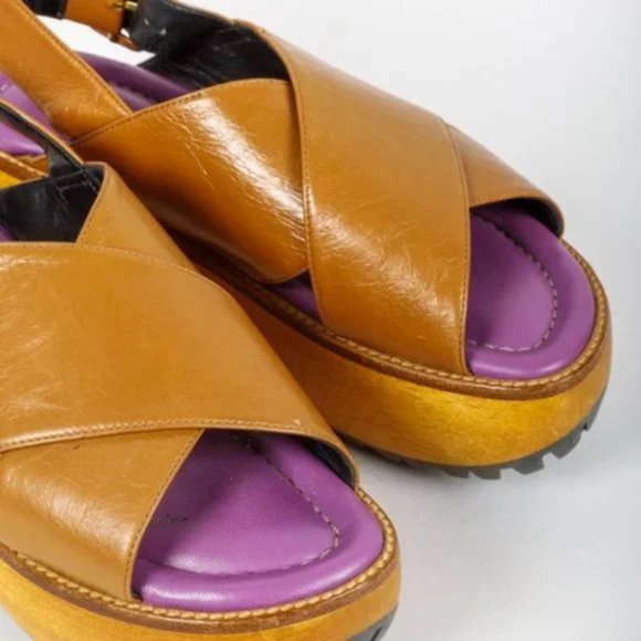 Marni Brown Leather Wooden Platform Slingback Sandal - Picture 7 of 9